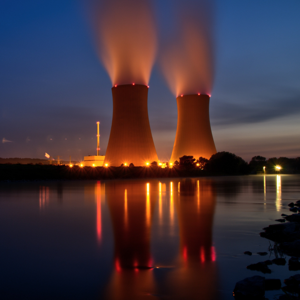 Nuclear power plant at dusk